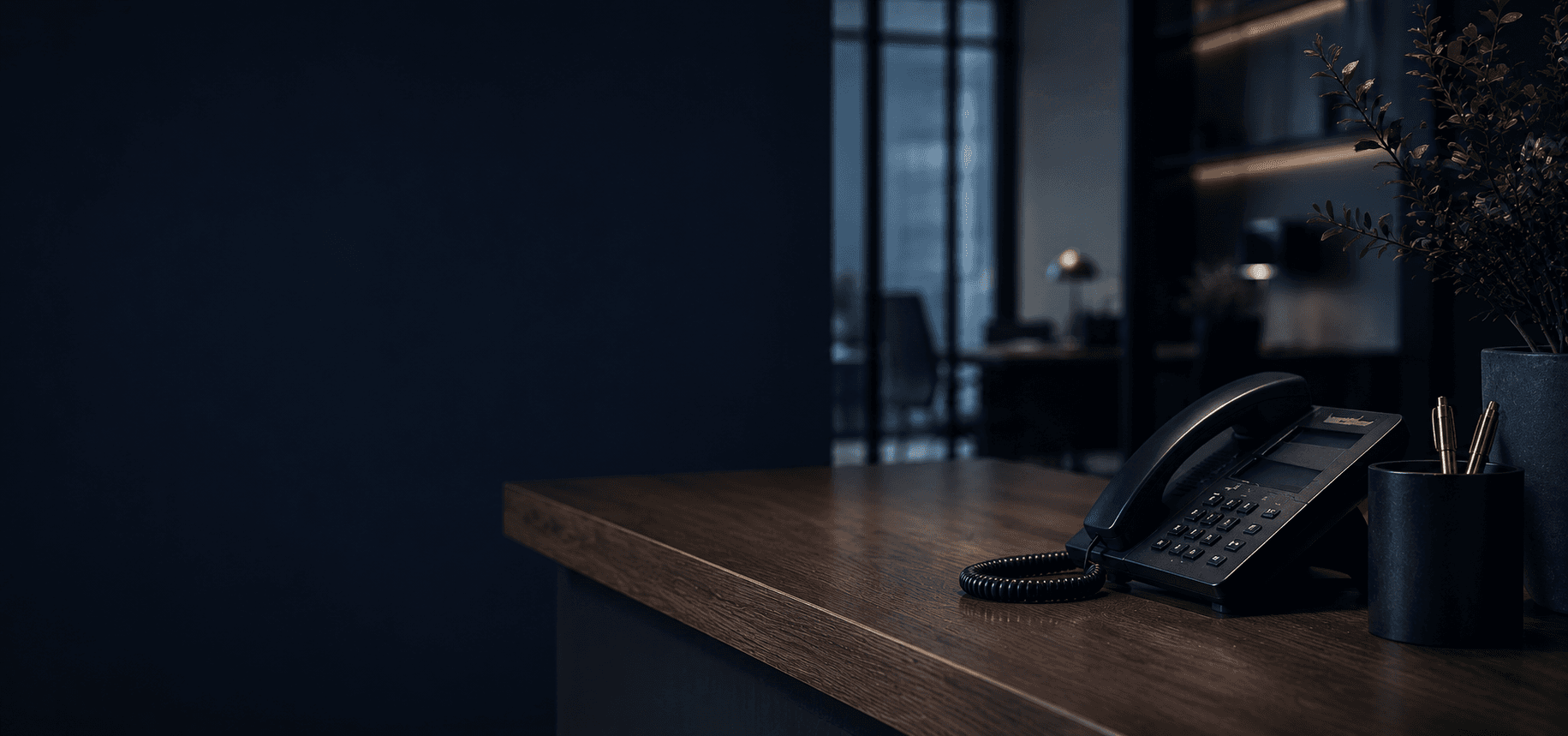 Office desk phone in a dimly lit reception area