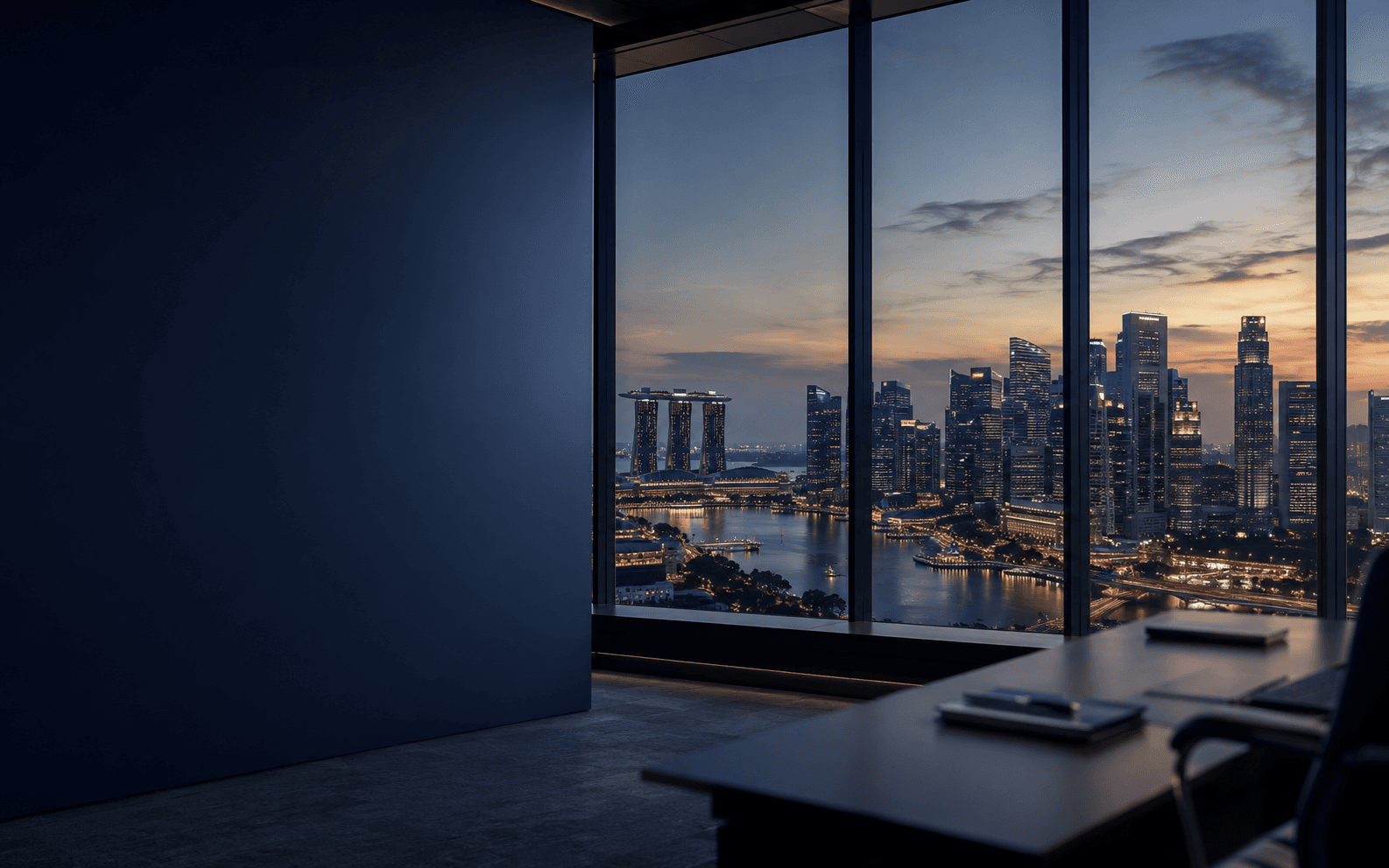Singapore skyline at dusk, viewed from an office overlooking Marina Bay