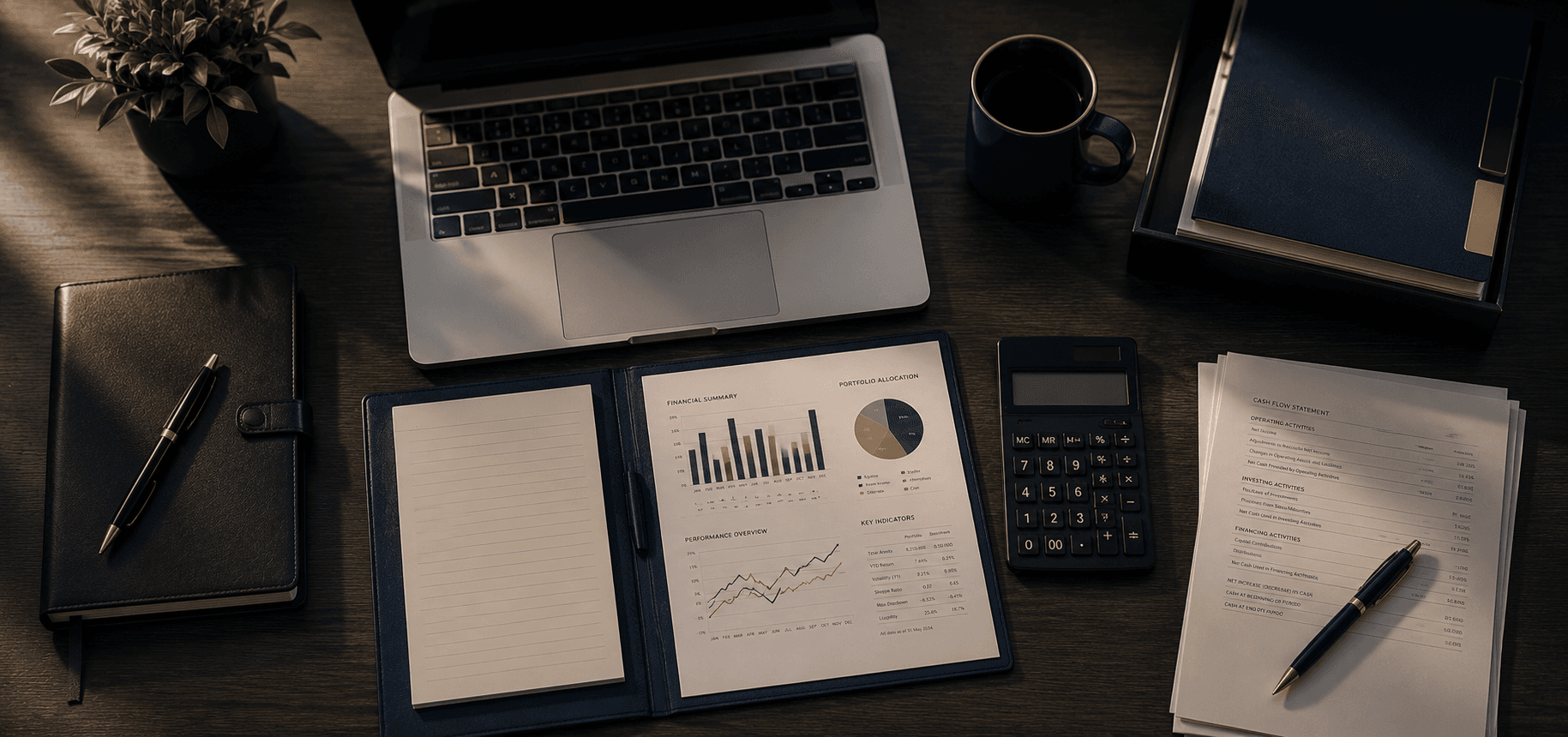 Desk flatlay with laptop, financial reports, and calculator